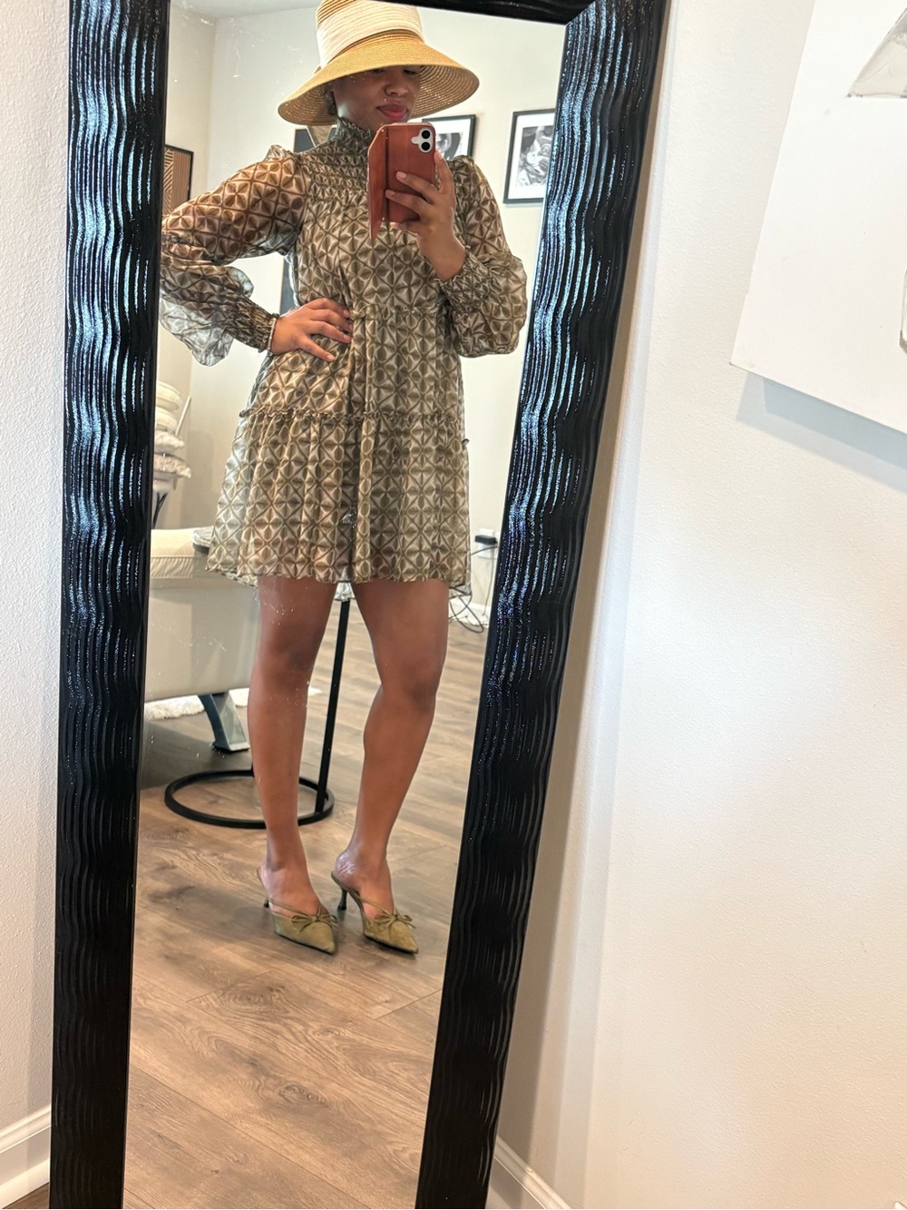 Gianni Bini Olive Geometric Tiered Long-Sleeve Mini Dress